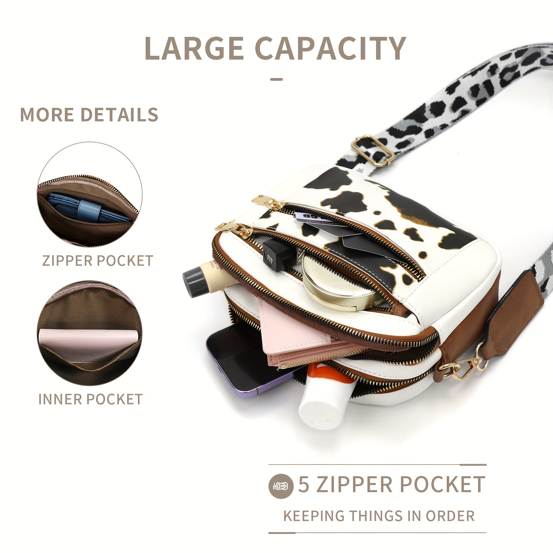 SPEKSEE Women's Casual Cow Print Crossbody Purse - Adjustable Wide Shoulder Strap, Lightweight, Zipper Closure, Square Wallet, Vegan PU Material, Casual Accessory| Adjustable Strap Bag