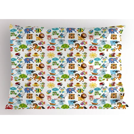 - Nursery Pillow Sham Various Different Animal Figures and Nature Themed Cartoon Characters Babies Kids, Decorative Standard Size Printed Pillowcase, 26 X 20 Inches, Multicolor, by Ambesonne