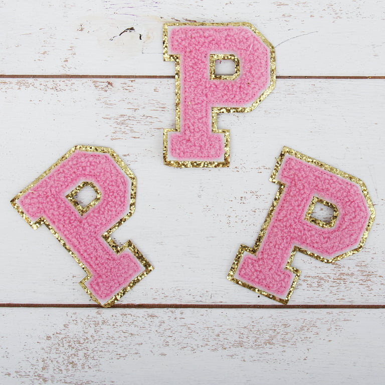 3 Pack Chenille Iron On Glitter Varsity Letter P Patches - Pink Chenille  Fabric With Gold Glitter Trim - Sew or Iron on - 5.5 cm Tall
