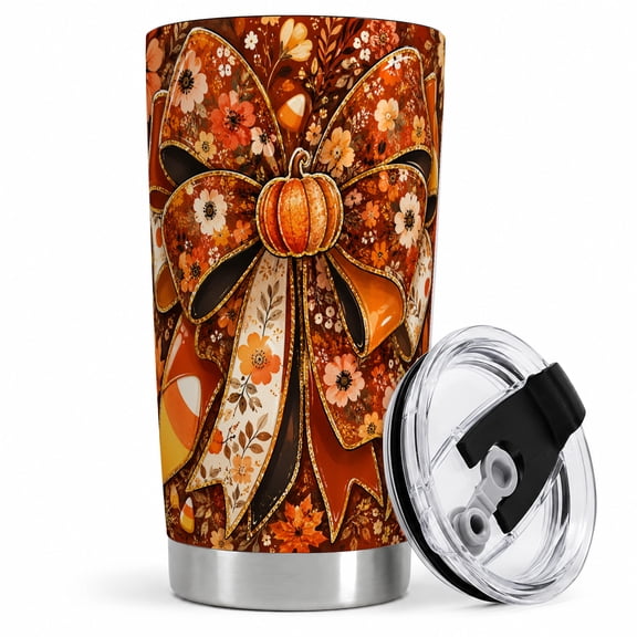 Autumn Pumpkin Bow Tumbler, 20oz Insulated Drinkware for Women Stainless steel tumbler with lid, orange pumpkin bow and fall floral artwork for tea or travel