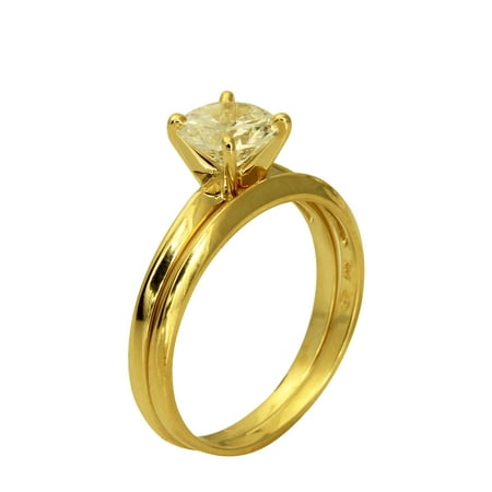 - 1.00 Ct 14K Real Yellow Gold Round Cut 4 Prong Classic Solitaire Engagement Wedding Propose Promise Ring with Matching Plain Band Duo 2 Ring Set