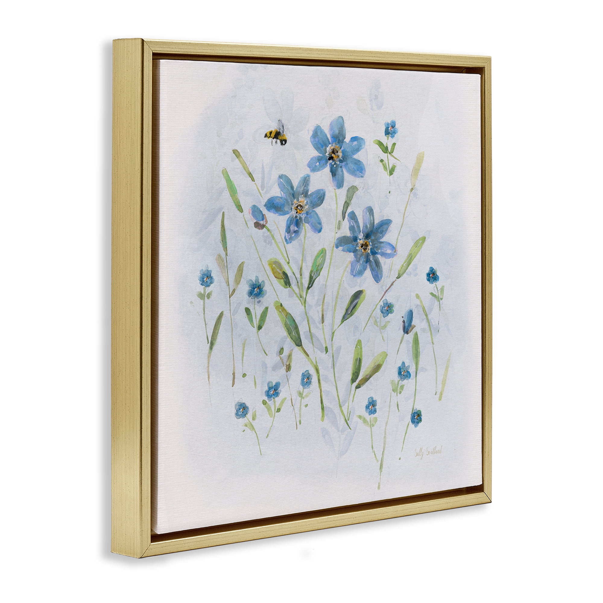 Stupell Industries Cottage Bee & Flowers Plants & Flowers Painting Gold Floater Framed Canvas Art Print Wall Art, 25 x 25