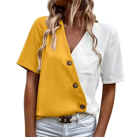 

KaLI_store Womens Blouses And Tops Dressy Womens Tops Dressy Casual Ruffle Sleeve V Neck Summer Shirts and Blouses Yellow XL