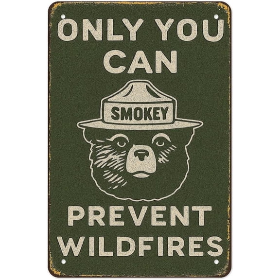 Smokey Bear Tin Sign Vintage Metal Wall Art Featuring “Only You Can Prevent Wildfires” Quote, Classic Forest Fire Safety Sign for Cabin, Campground, Or Outdoors Decor 8x12 Inch