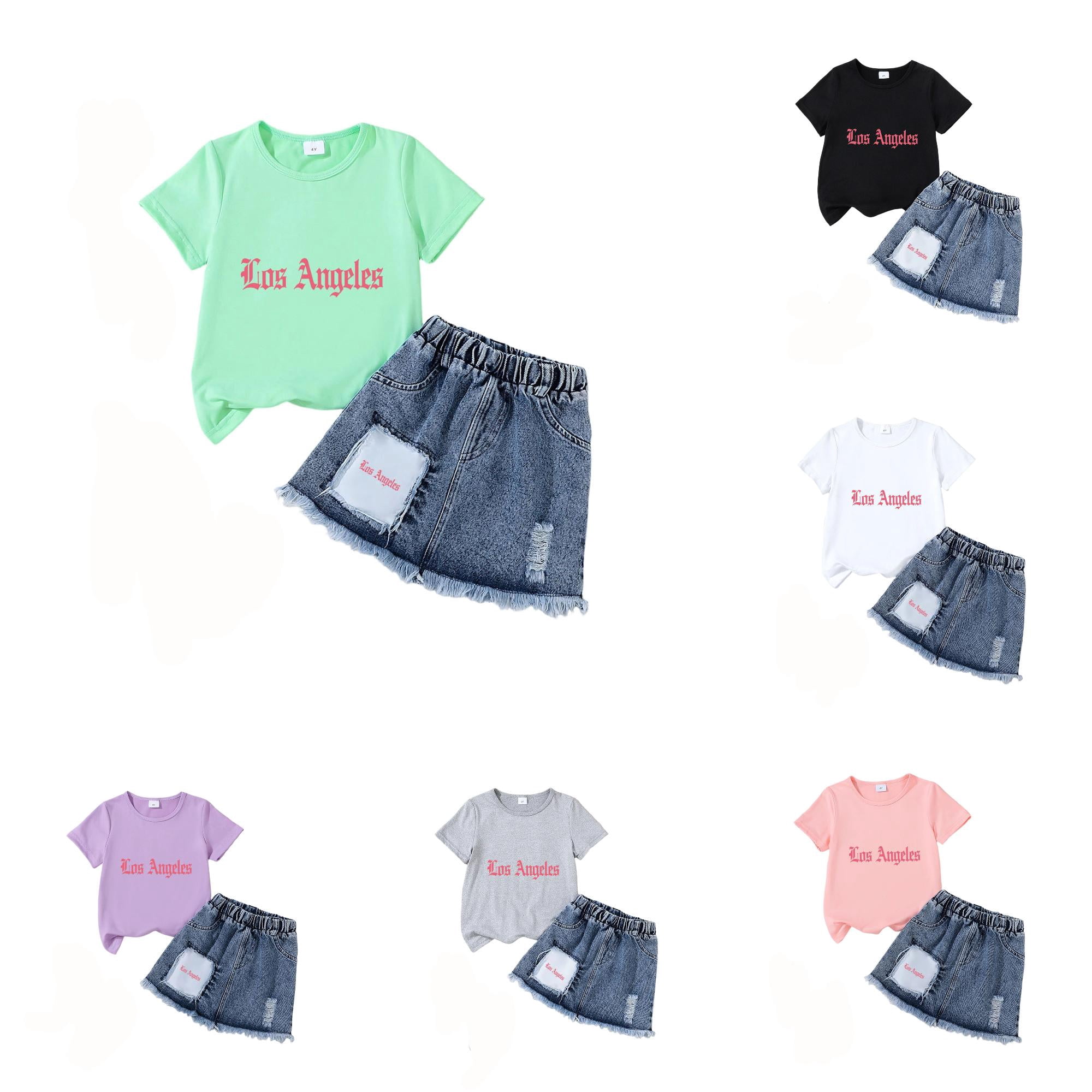 Girls Summer Outfit Fashion Printed T Shirt and Denim Skirt Casual Two Piece Playwear Comfy Two Piece Outfits for Girls for School 6-7 Years