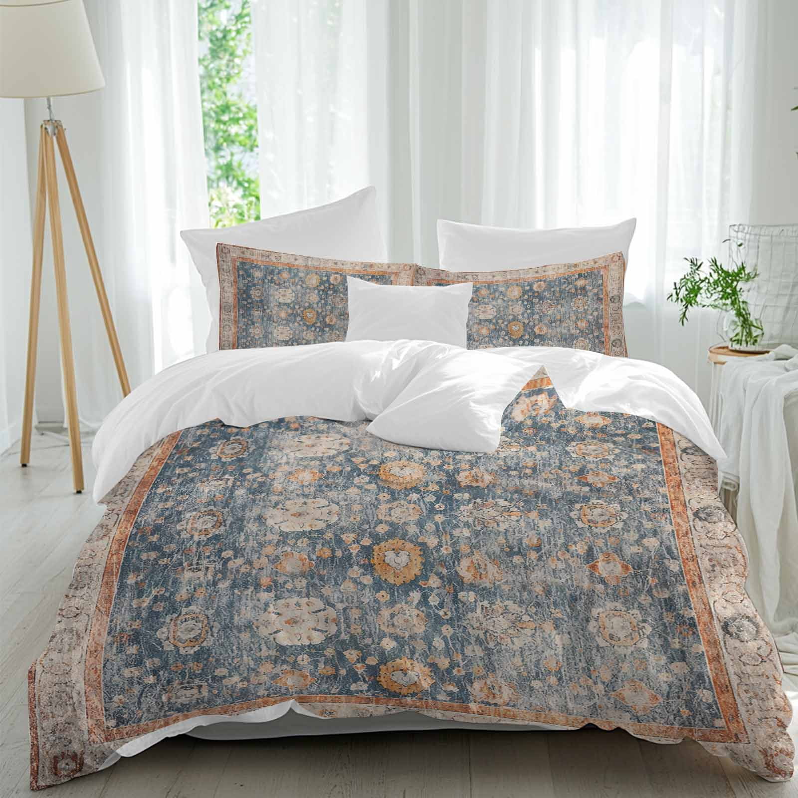 Blue Beige Vintage Bedding 3 Piece Duvet Cover Set California King, Modern Geometric Abstract Art Ethnic Soft Microfiber Comforter Cover with Zipper Closure & Pillowcases, FadeResistant Quilt Cover
