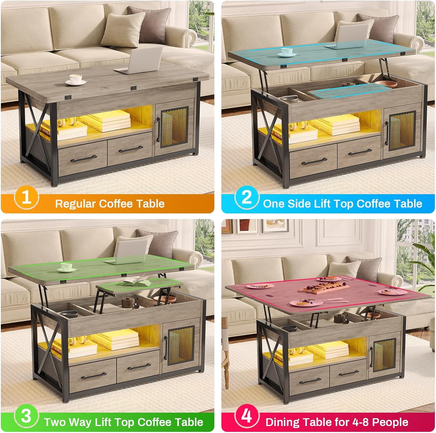 40" Lift Top Coffee Table, 4 in 1 Coffee Tables with Storage Cabinet for Living Room, Small Farmhouse Coffee Table with 2 Fabric Drawers & LED Light for Dining Room, Grey