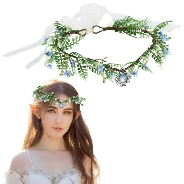 Corona de flores de hadas hecha a mano, diadema floral con cristal para mujer, tocado de elfo en forma de V para boda, fiesta, corona de hoja de hadas renacentista ajustable, tocado de círculo élfico