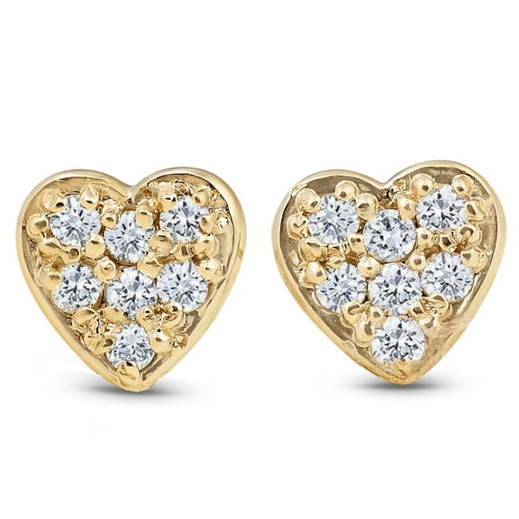 Pompeii 14K Yellow Gold Diamond Pave Petite Heart Studs Dainty High Polished 5.7MM
