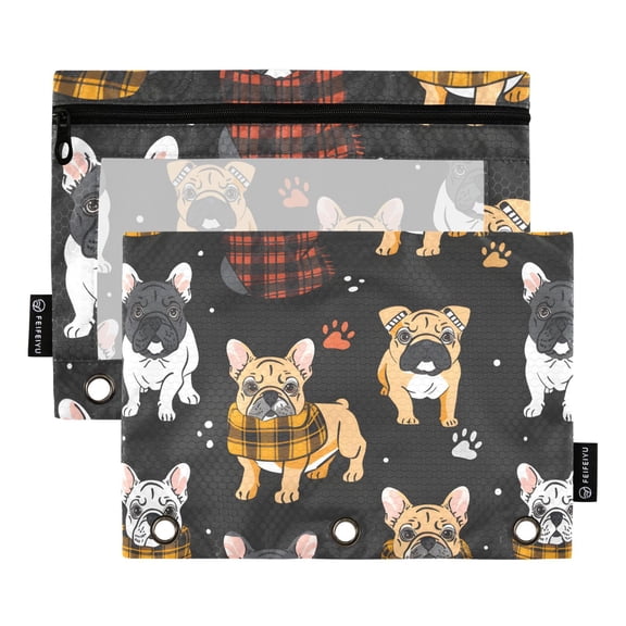 Bulldog with Scarf 2 Pack Pencil Pouch for 3 Ring Binder Smooth Zipper Folders with Pockets Clear Window Pencil Case