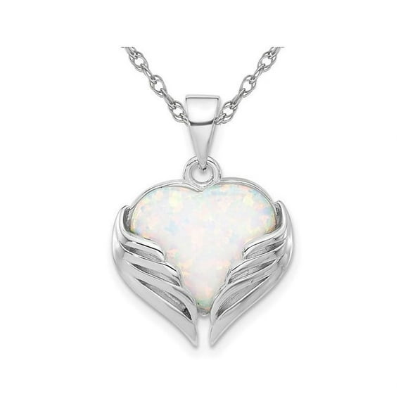 Collier Pendentif Cœur en Opale Créé en Laboratoire avec Ailes en Argent Sterling avec Chaîne