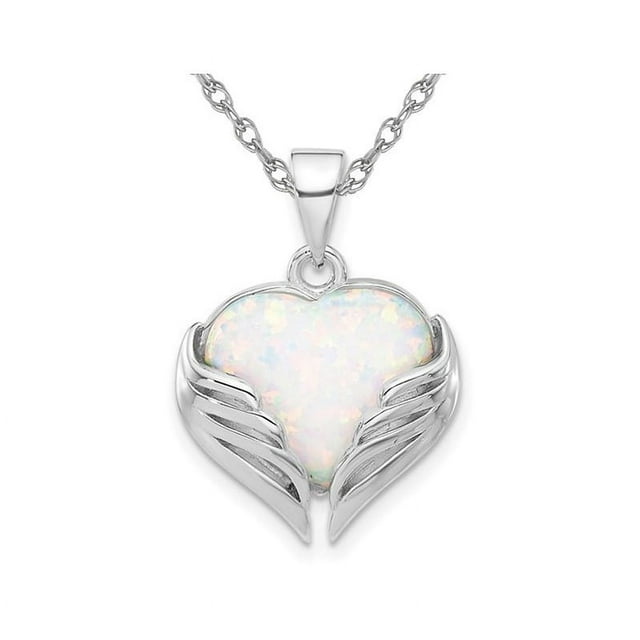 Lab-Created Opal Heart with Wings Pendant Necklace in Sterling Silver with Chain. This necklace features a white, heart-shaped lab-created opal gemstone surrounded by wing-like accents in rhodium-plated 0.925 sterling silver. It comes with an 18-inch chain and is perfect for gifting on special occasions like birthdays, anniversaries, or holidays.