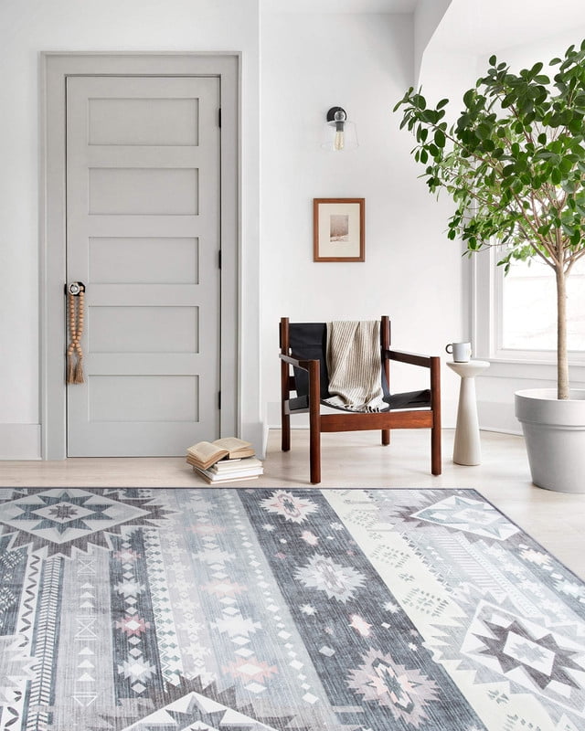 Jamfeel Area Rugs Boho Print Low Pile Washable Carpet Soft Non-slip Rug for Living Room Bedroom Kitchen 4'x6' Blue and Grey