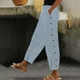 thumbnail image 2 of Bovemsi Women's Casual Pants Cotton And Linen Striped Elastic Waistband High Pocket Side Buttons Nine Point Loose Straight Leg for Travel, 2 of 5