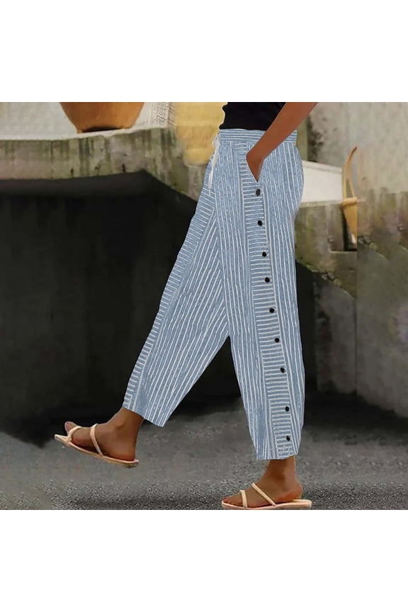 Cotton Linen Pants for Women High Waisted Striped Wide Leg Loose Straight Pants with Pockets Elastic Waist Nine Point Side Button Casual Trousers, Light Blue,XXXXL