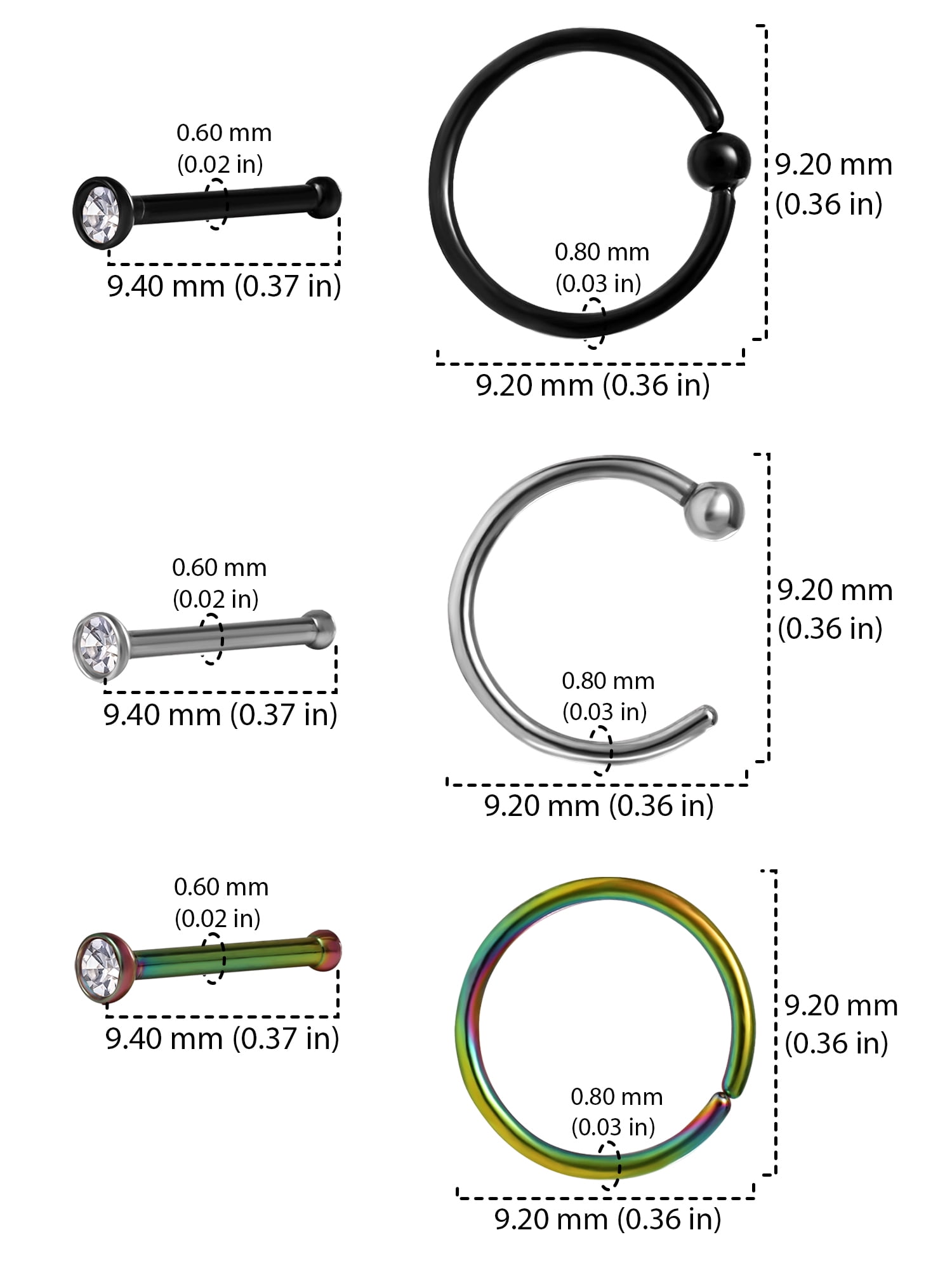 Body Jewelry Adult Women's Stainless Steel 316L 20G Crystal Nose and Hoop Set, 6 Pack