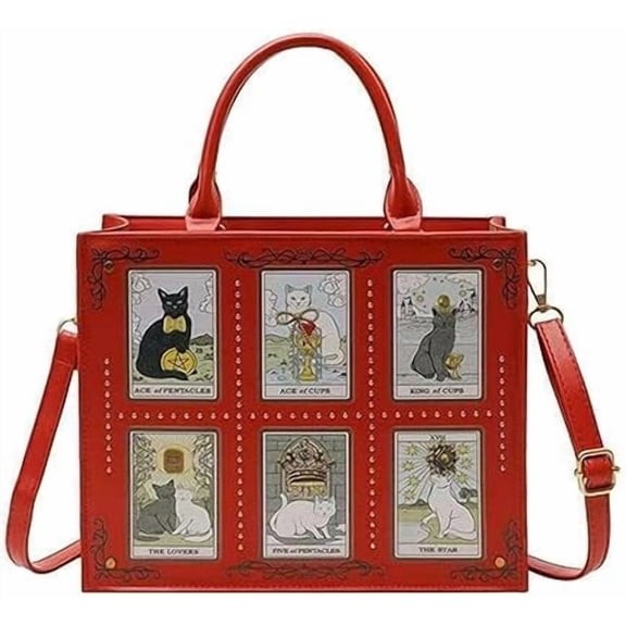 Women's Six Grid Cat Pattern Bag, 3-Way Wearable Crossbody Shoulder & Top Handle Purse, Cute Embroidered Lightweight Multi-Pocket Handbag