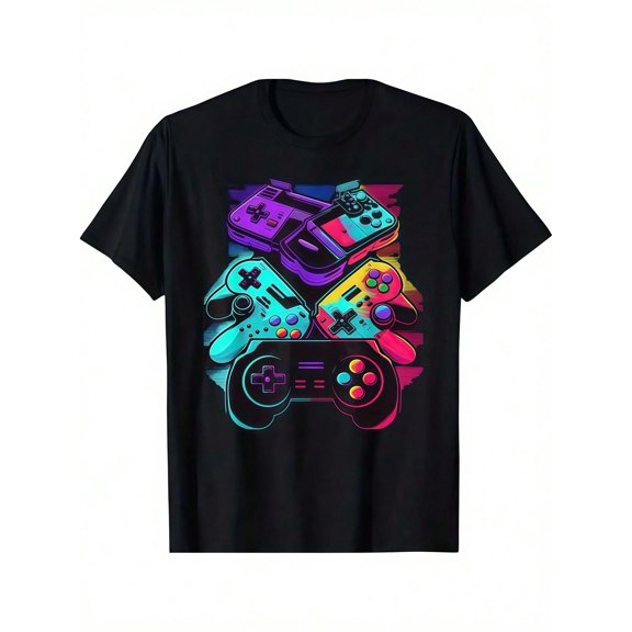 Game Console Print Black TShirt, Unisex Casual Crew Neck Tshirt