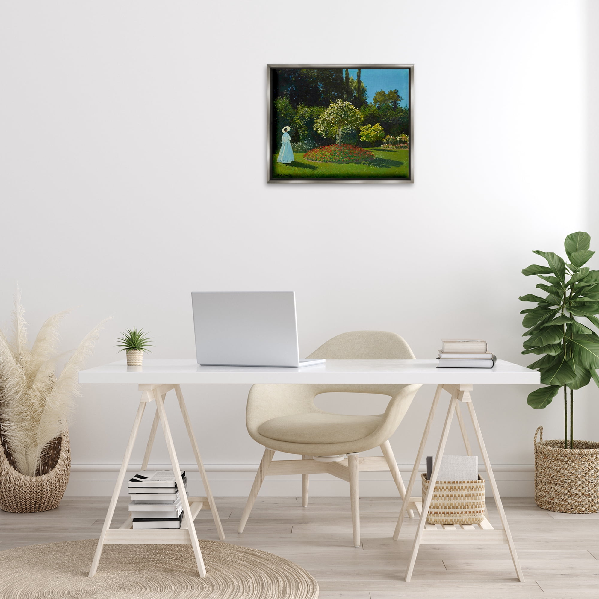 Stupell Industries Classic Monet Lady in Garden Landscape & Nature Painting Gray Floater Framed Canvas Art Print Wall Art, 21 x 17