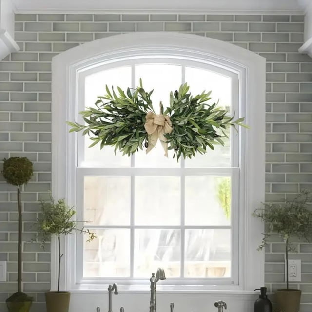 Guirnalda floral de oliva, guirnalda de flores artificiales de oliva, guirnalda floral de imitación primaveral con hojas verdes, corona de Pascua de aceitunas, guirnaldas falsas para arco de boda, fie