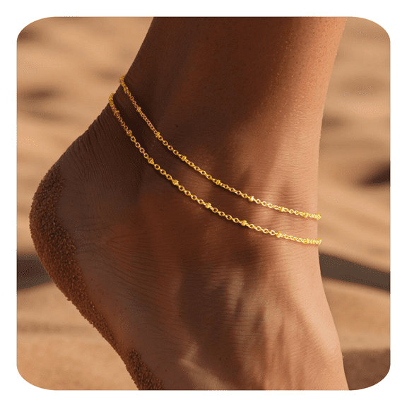 ELESMILO Gold Ankle Bracelets for Women Waterproof, Non Tarnish 14K Gold Plated Beaded Link Chain Anklets, Layered Summer Beach Jewelry Gifts, Dainty Bikini Outfits for Vacation
