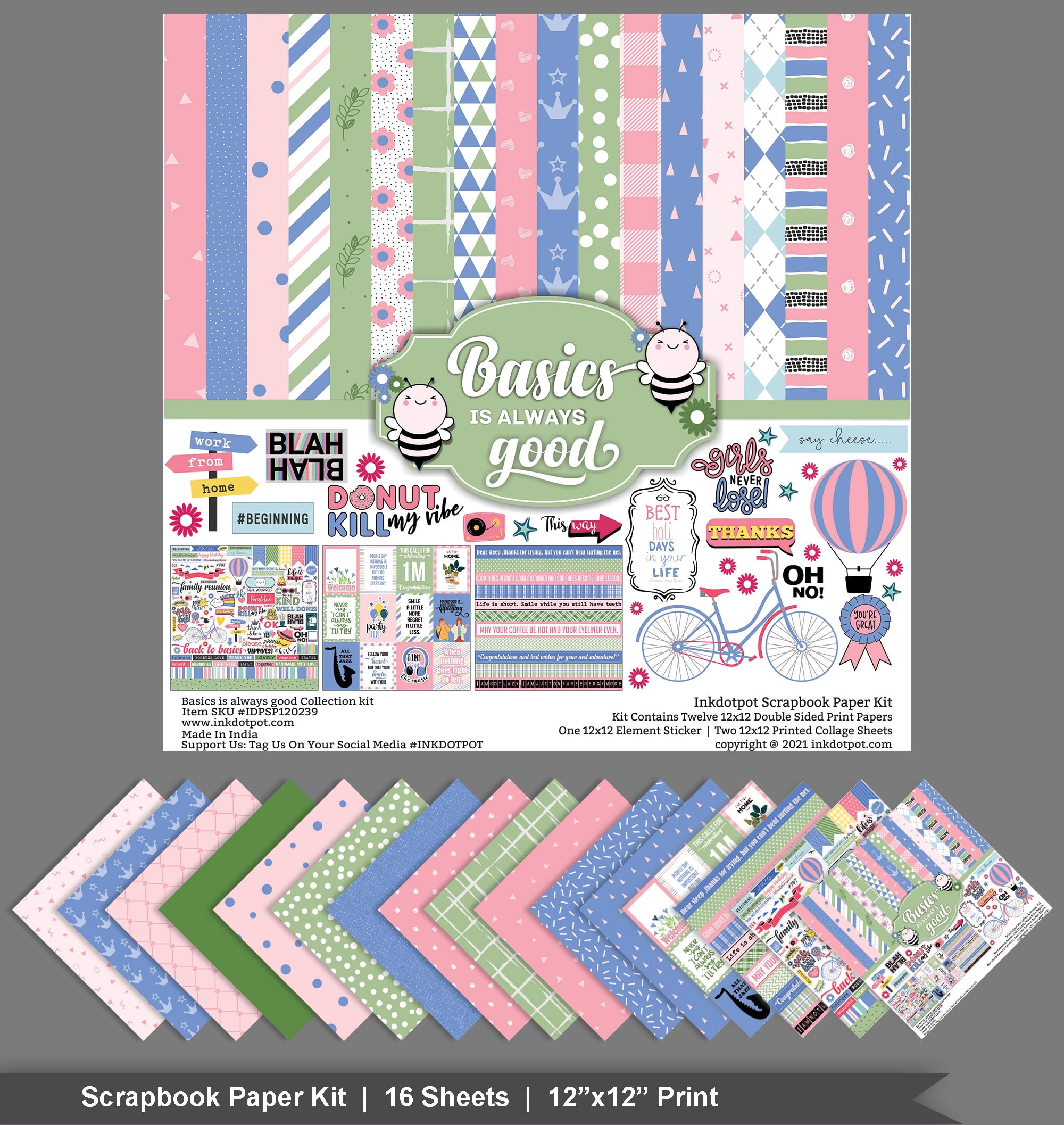 Inkdotpot Basics Is Always Good, Pastel Theme Collection Double,Sided Scrapbook Paper Kit Cardstock 12"x12" Card Making Paper Pack Of With Sticker Sheet - 16 Pages - Pink, Light Blue & Green