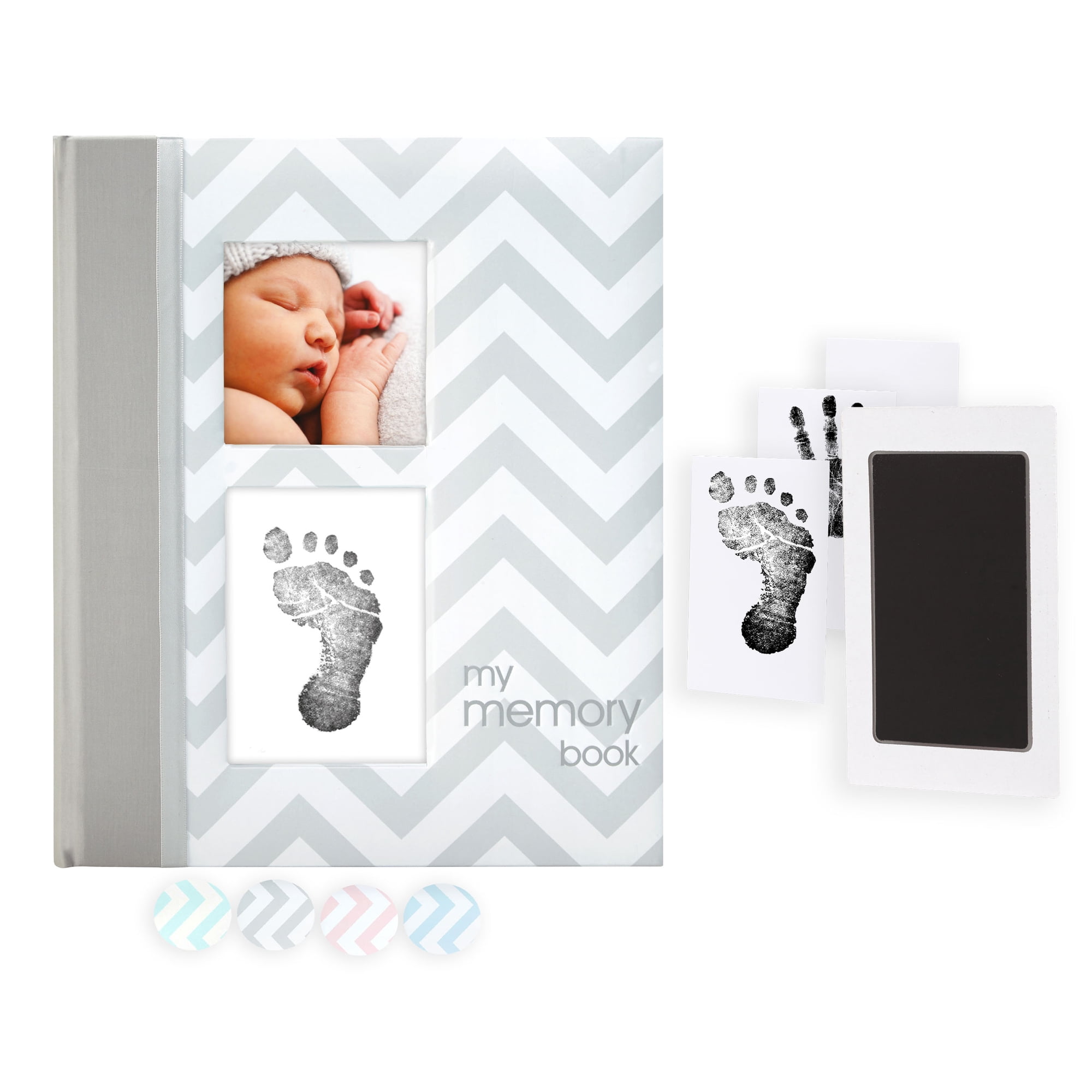 Pearhead Chevron Baby Memory Book with Clean Touch Ink Pad, Gray