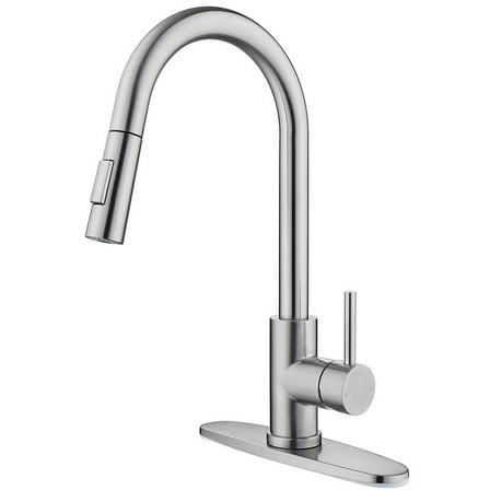 Brushed Nickel Kitchen Faucet, Single Handle, 2 Water Mode 360 Degree Swivel Pre-Rinse Pull Out Kitchen Sink Faucet with Deck Plate