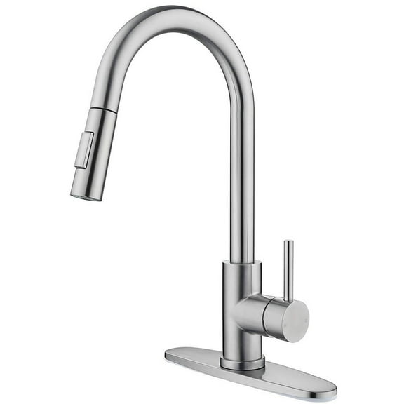 Brushed Nickel Kitchen Faucet, Single Handle, 2 Water Mode 360 Degree Swivel Pre-Rinse Pull Out Kitchen Sink Faucet with Deck Plate