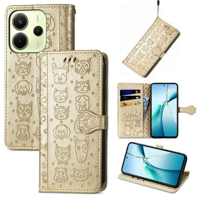 Funda Cartera FOXDOCK para Xiaomi Redmi Note 14 4G , Flip PU con Relieve de Gatos y Perros, Tarjetero y Soporte