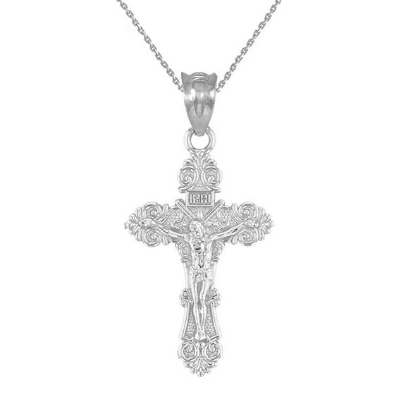 Silver Floral Crucifix Jesus Cross Pendant Necklace with 18" Chain