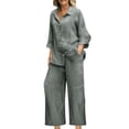 thumbnail image 2 of Xdegoge Linen Clothes for Seniors Women 2 Piece Sets Long Sleeve Button Down Collared Shirts Wide Leg Long Pants Vacation Beach Outfits Lounge Casual Loose Set Re Items Bought, 2 of 6