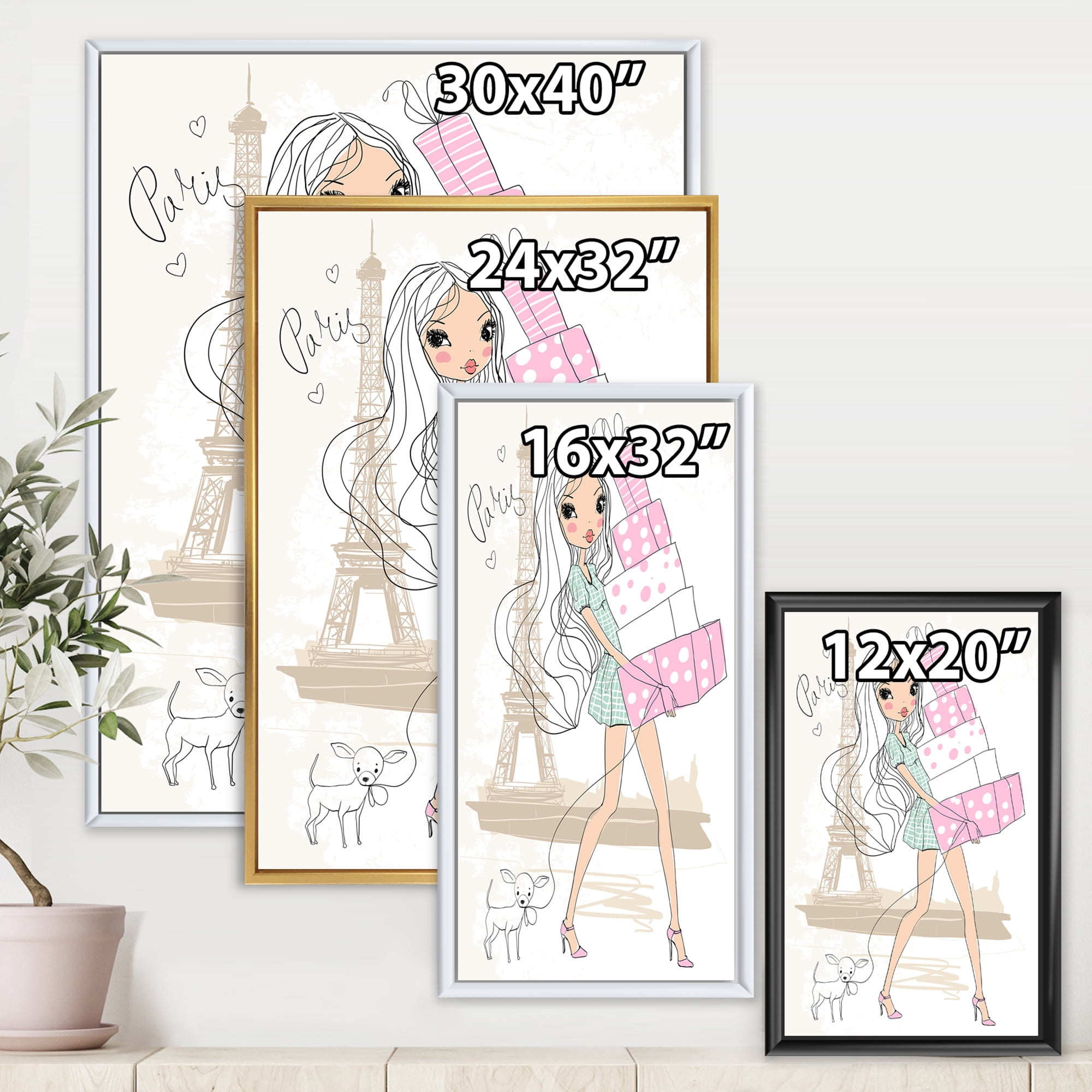 Designart 'Young Woman With Shopping Boxes In Paris' Shabby Chic Framed Canvas Wall Art Print