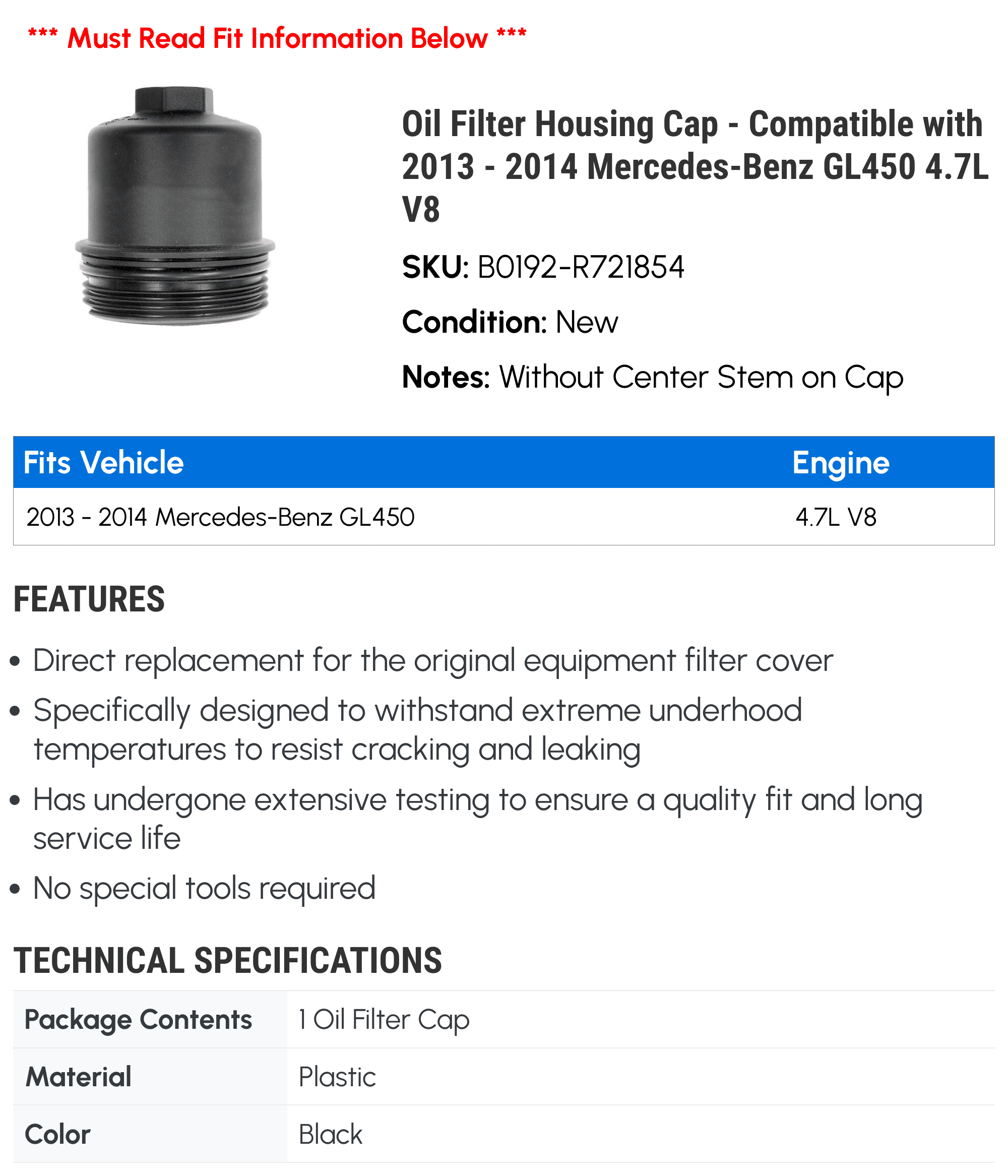 Oil Filter Housing Cap - Compatible with 2013 - 2014 Mercedes-Benz GL450 4.7L V8 - Dorman