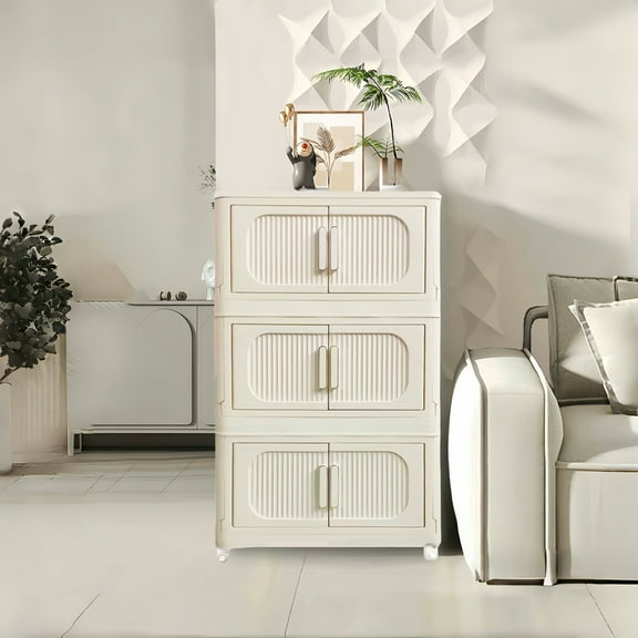 Holaki Cream White 19.69" Side Wide Folding Storage Cabinet ,3 Tiers,19.69"Γ11.81"Γ31.1",Collapsible Storage Bins with Magnetic Door, Plastic Storage Cabinet with Wheels