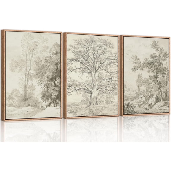 Vintage Sketchbook Forest Framed Canvas Wall Art Set, Neutral Minimalist Tree Wall Decor, Wilderness Illustration Wall Painting, Retro Botanical Art Print Living Room, Office 16"x24"x3