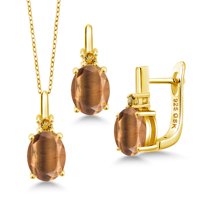 Gem Stone King 4.71 Ct Brown Tiger Eye Yellow Citrine 18K Yellow Gold Plated Silver Pendant and Earrings Jewelry Set