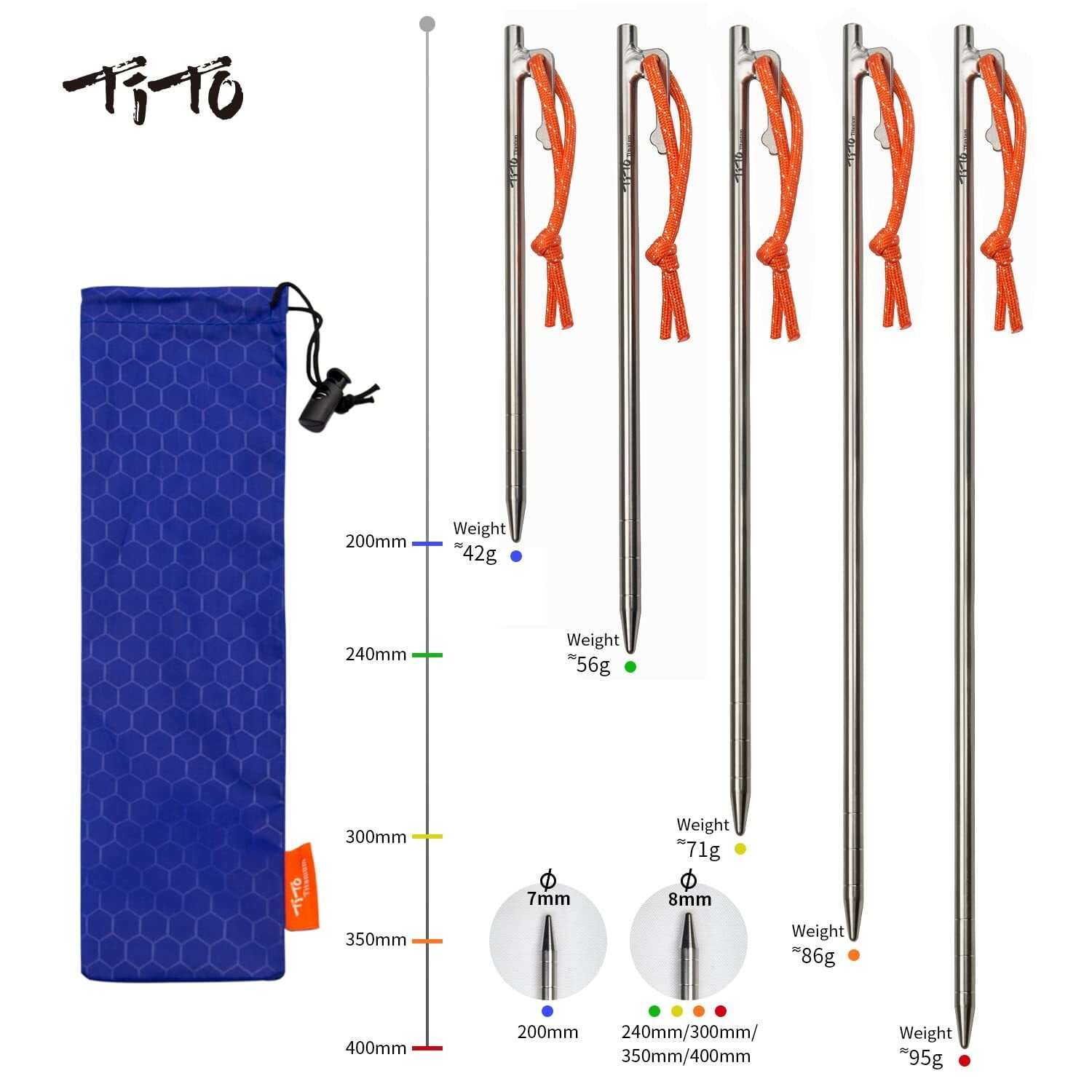 TiTo Titanium Tent Pegs Stakes Lightweight Snowfield Grassland Heavy Duty Tent Nails for Outdoor Camping Hiking and Plant Support Garden Stakes 4pcs/6pcs (7×200mm-6pcs)