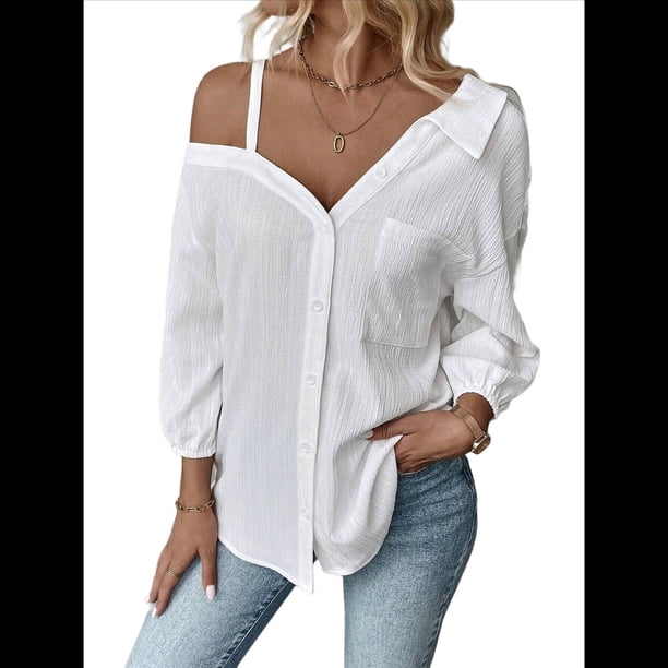 Blusa Asimétrica con Hombros Descubiertos y Larga Abotonada para Mujer, Color , Talla XL