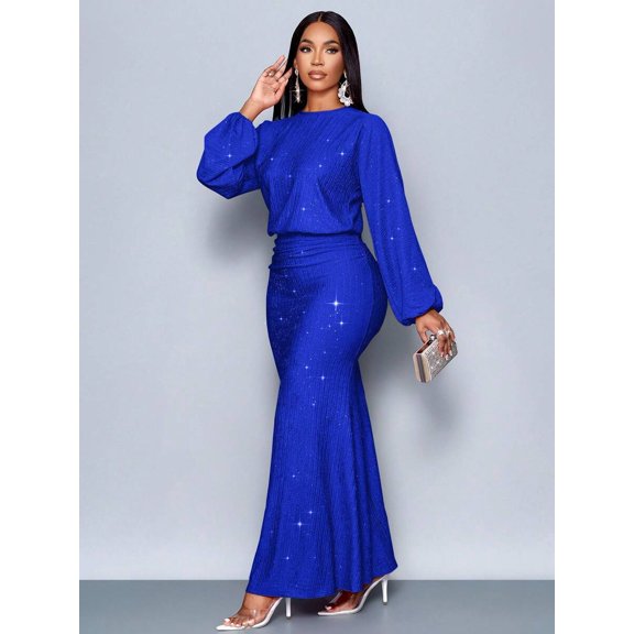 Royal Blue Sparkly Mermaid Hem Bodycon Maxi Dress For Evening Party Dating