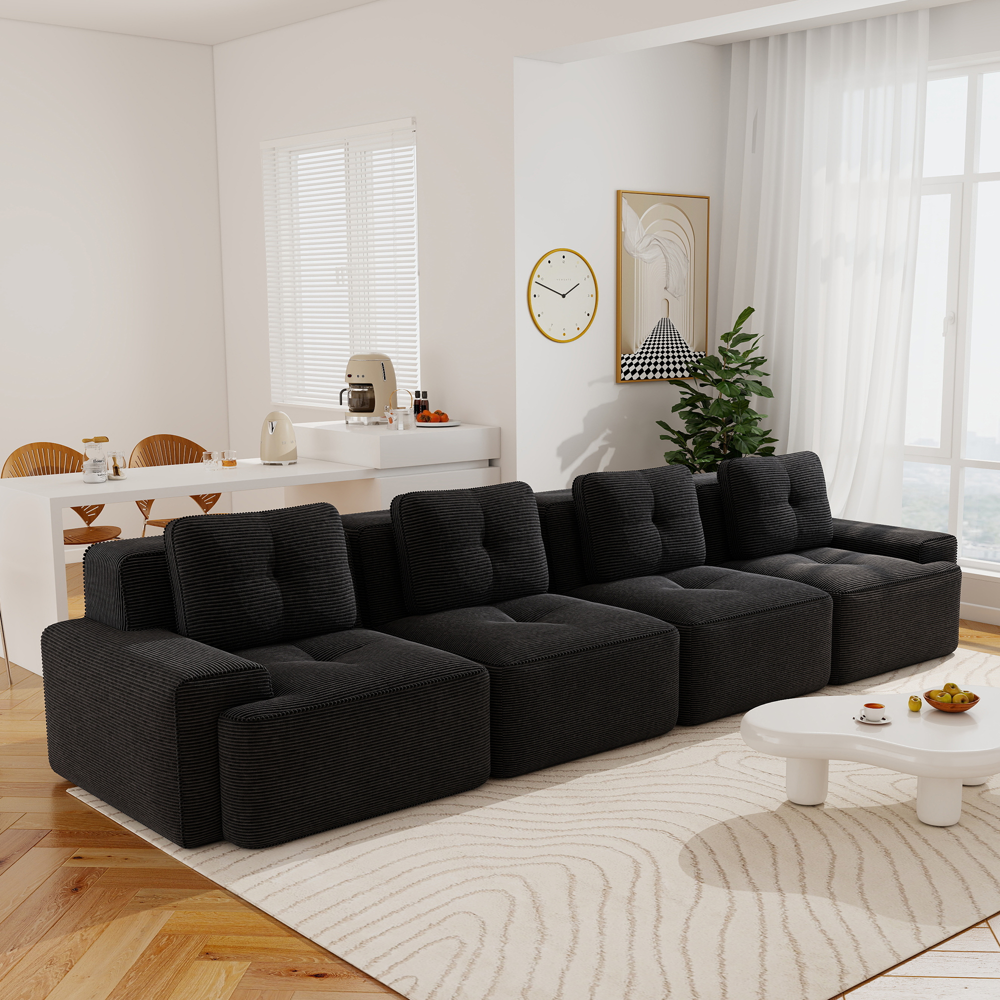 Aukfa 4-Piece Tufted Modular Corduroy Sectional Sofa for Living Room, 128.5" Width 4-Seat, Black