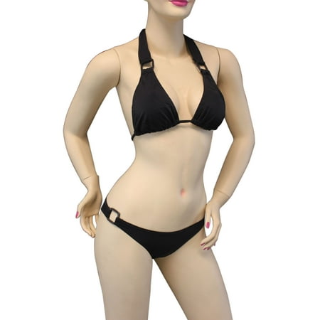 Snowmobile Attire Flirtzy Brand Sexy Halter Triangle Top Brazilian Back Bikini With Square Accents - Swimwear, Swimsuit, Beach Gear, Pool Attire --Black ()