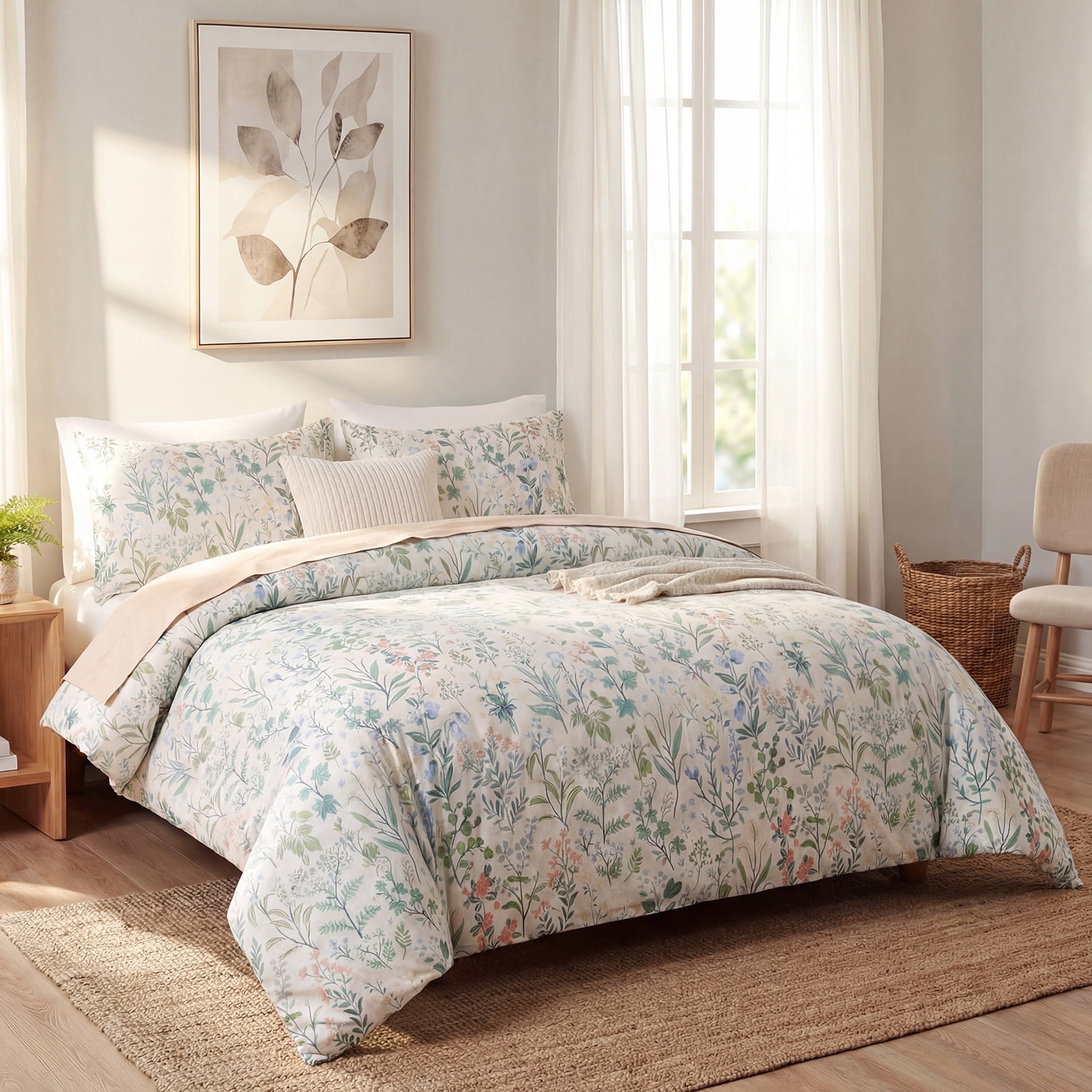 Duvet Cover 100% Cotton Comforter Cover Green Floral Breathable Duvet Cover with Zipper Closure & Corner Ties 3 Pcs Green Fragrant Grass Duvet Cover Set