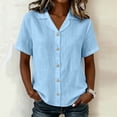 thumbnail image 2 of Edvintorg Button Down Shirts for Women Cotton Linen Turndown Collar Loose Tops Summer Short Sleeve Lightweight Casual Blouse Trendy Womens Clothes Light Blue XXL, 2 of 9