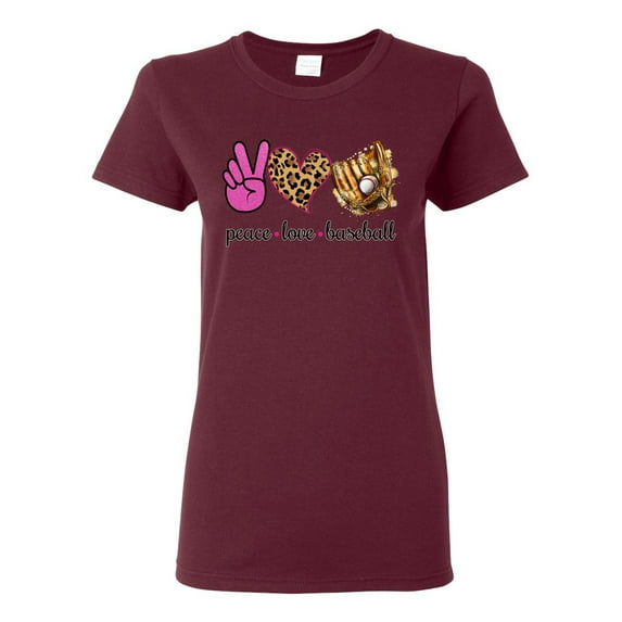 Peace Love Baseball Sports Womens Graphic T-Shirt, Maroon, X-Large