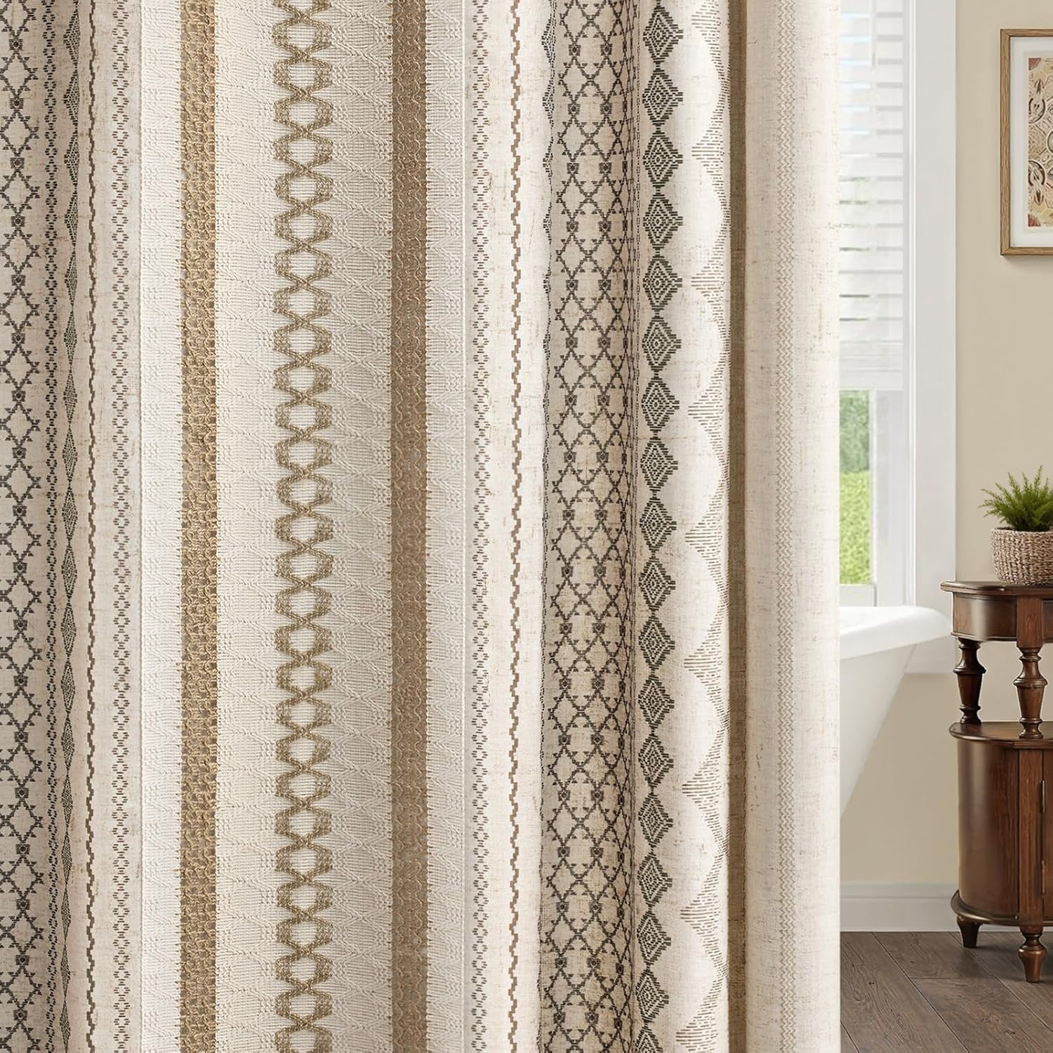 Boho Linen Shower Curtain for Bathroom,with Striped Print and Twine-Inspired Woven Center,72" W x 72" L,Beige