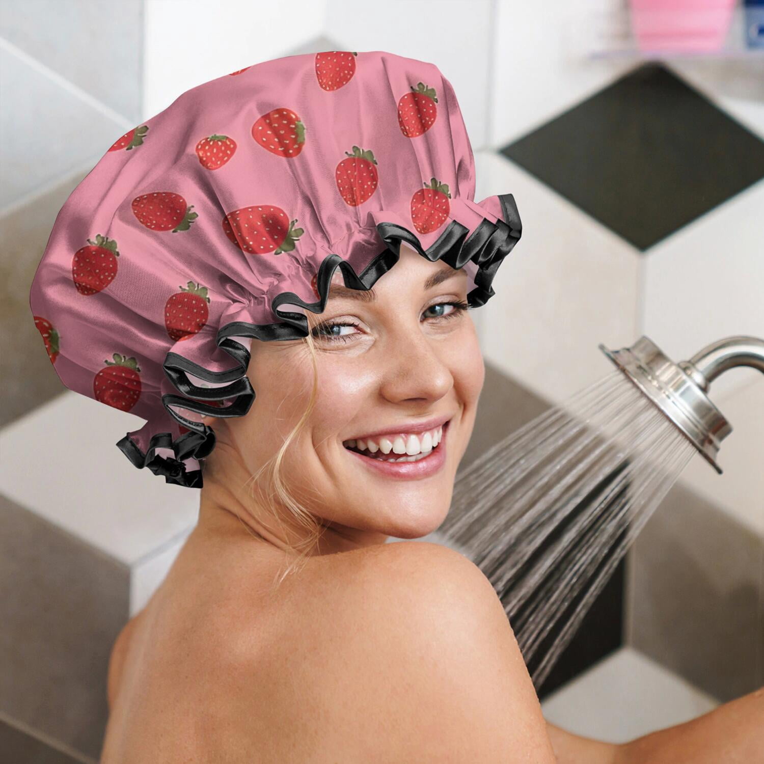 Shower Caps,Red Strawberry Plants Fruit Pink Pattern Waterproof Shower Cap for Women 4 Pieces,Double Reusable Hair Cover for Shower PEVA Elastic Stretch Hem