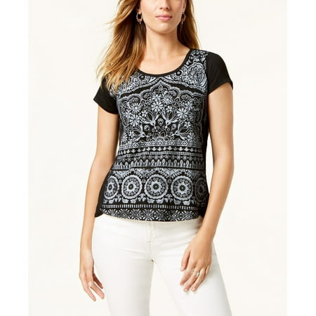 Style & Co Women's Short Sleeve Scoop Neck Top Black Size Petite X-Large