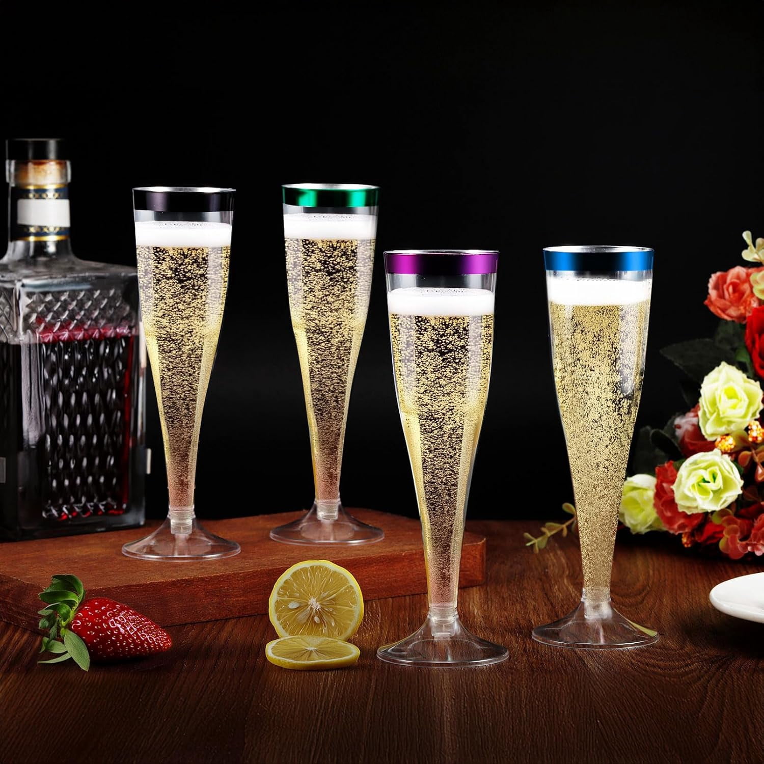 100 Pcs Plastic Champagne Flutes,4.5oz Plastic Champagne Glasses,Clear Disposable Champagne Flute,Plastic Toasting Glasses for Parties Wedding Drinking Party Cocktail Cups (Purple)