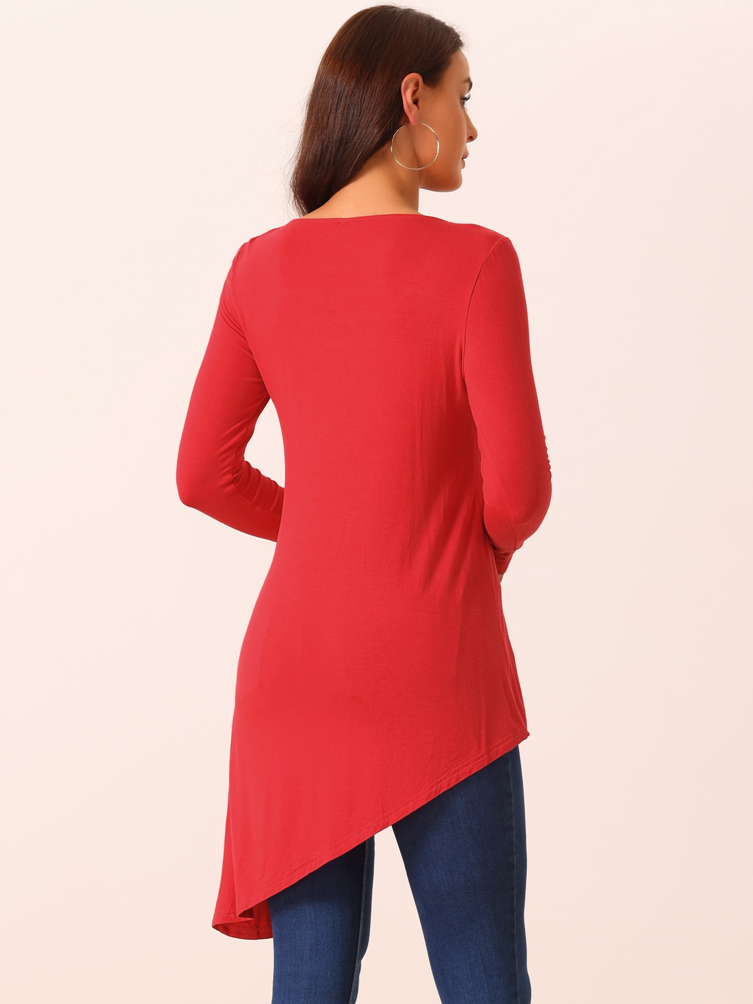 DARING DIVA Women's High Low Hem Long Sleeve Blouses L Red
